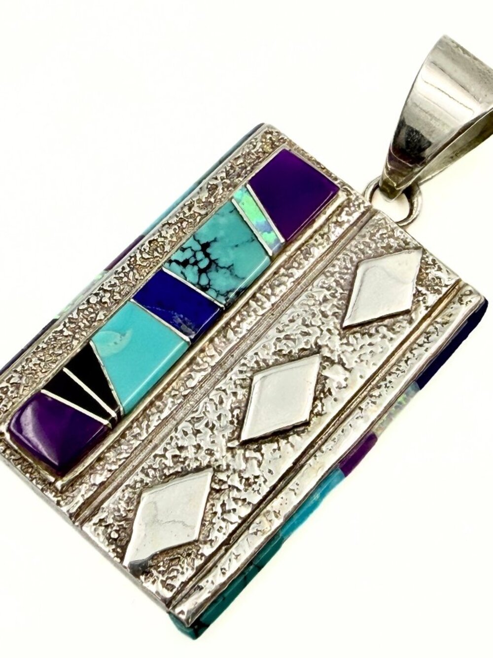 Calvin Begay Marked Geometric Sterling Silver Inlay Multi Stones Navajo Pendant